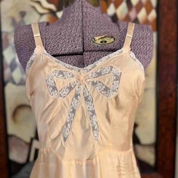 Vintage antique 30s rare art deco insertion lace bow midi slip dress bias cut - Picture 2 of 8